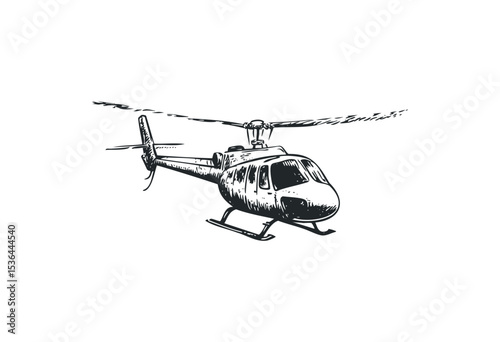 Vintage helicopter sketch in detailed black and white illustration. Vector retro hand drawn illustration