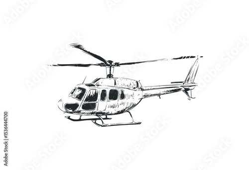 Hand-drawn sketch of a helicopter in detailed ink style. Vector retro hand drawn illustration