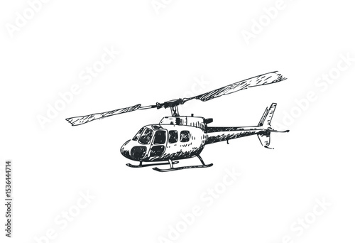 Hand-drawn helicopter sketch with detailed rotor blades. Vector retro hand drawn illustration