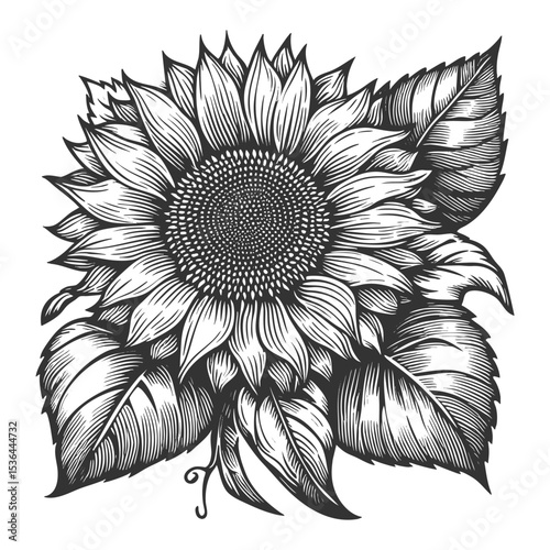 blooming sunflower with intricate detail, ideal for botanical art and natural designs sketch engraving generative ai vector illustration. Scratch board imitation. Black and white image.
