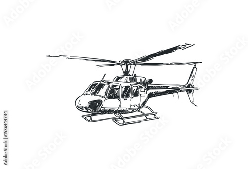 Detailed sketch of a helicopter in black and white line art style. Vector retro hand drawn illustration