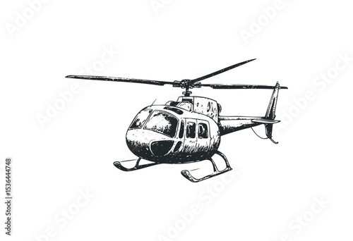 Detailed sketch of a helicopter with rotating blades in mid-flight. Vector retro hand drawn illustration