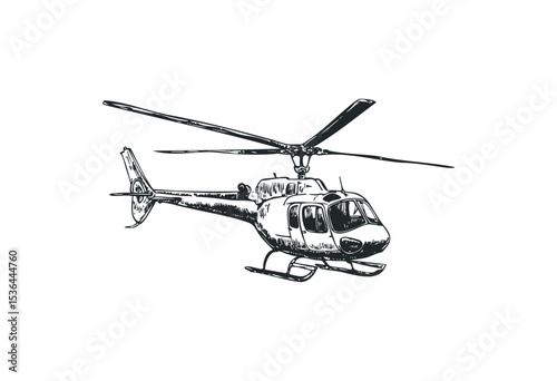 Detailed monochrome illustration of helicopter flying. Vector retro hand drawn illustration