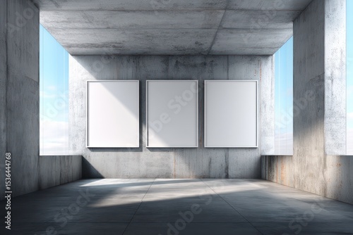 Bright minimalist room with whiteboard frames on concrete walls, natural lighting, and simple decor.