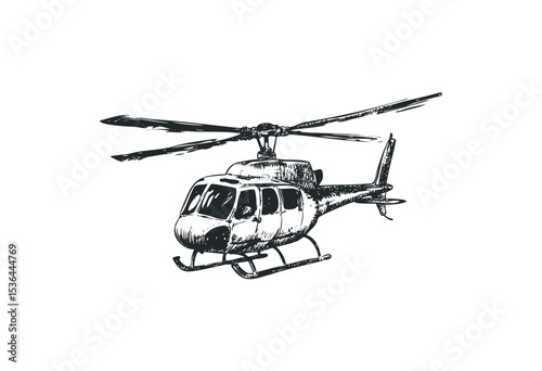 Vintage helicopter sketch with detailed rotor and landing skids. Vector retro hand drawn illustration