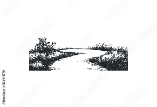 Scenic nature path surrounded by lush plants and grass in ink drawing. Vector retro hand drawn illustration
