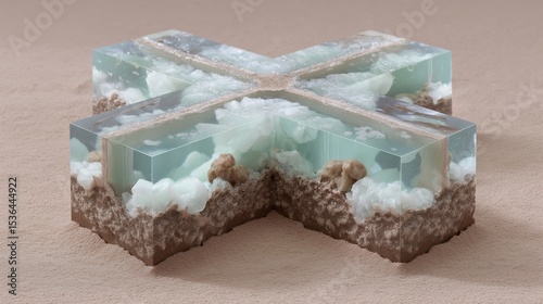 A geometric X-shaped resin block reveals layers of abstract terrain, with embedded mineral textures and soft ocean-like hues. This modern visual explores environmental symbolism, geology and abstract
