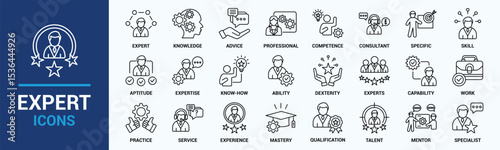 Expert icon set. Containing advice, competence, expertise, knowledge, skill, specialist, experience and more. Solid vector icons collection.