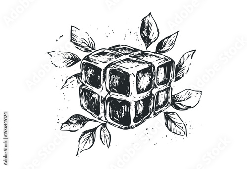 Sketch of a cube surrounded by leaves in a detailed artistic design. Vector retro hand drawn illustration