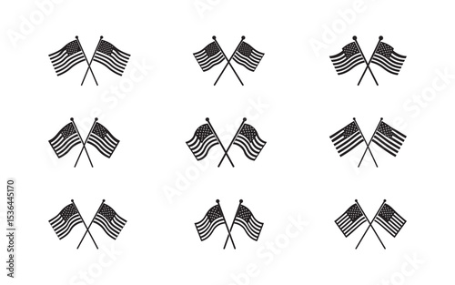 Black and White patterns of Crossed United States Flags on a White Background represent patriotism, national pride, or American-themed events and materials.
