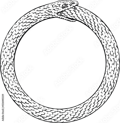 An Ouroboros or Uroboros circle snake eating tail circular symbol in a vintage woodcut etching style.