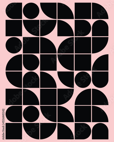 Minimal geometric grid, semi-circles, squares, circles, black on pastel pink, contemporary digital decor.