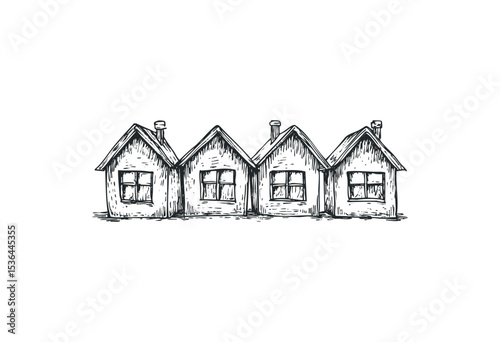 Illustrative row of vintage cottages with gabled roofs in black and white. Vector retro hand drawn illustration