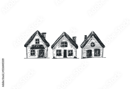 Hand-drawn sketch of three traditional houses in a row. Vector retro hand drawn illustration