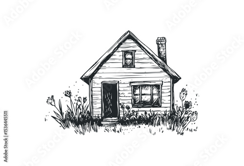 Charming hand-drawn rustic house with flowers. Vector retro hand drawn illustration