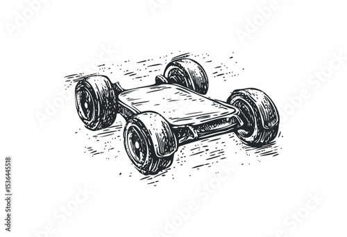 Vintage-style skateboard design with large wheels and wooden deck. Vector retro hand drawn illustration
