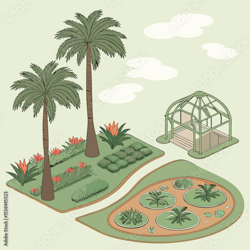 Tropical garden isometric view with palm trees and greenhouse