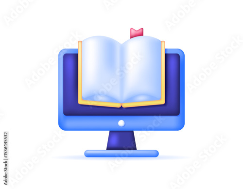 illustration of an open book with a computer monitor. digital learning concept. online library and digital books. education, science, and technology. symbol or icon. minimalist 3d style design. asset 