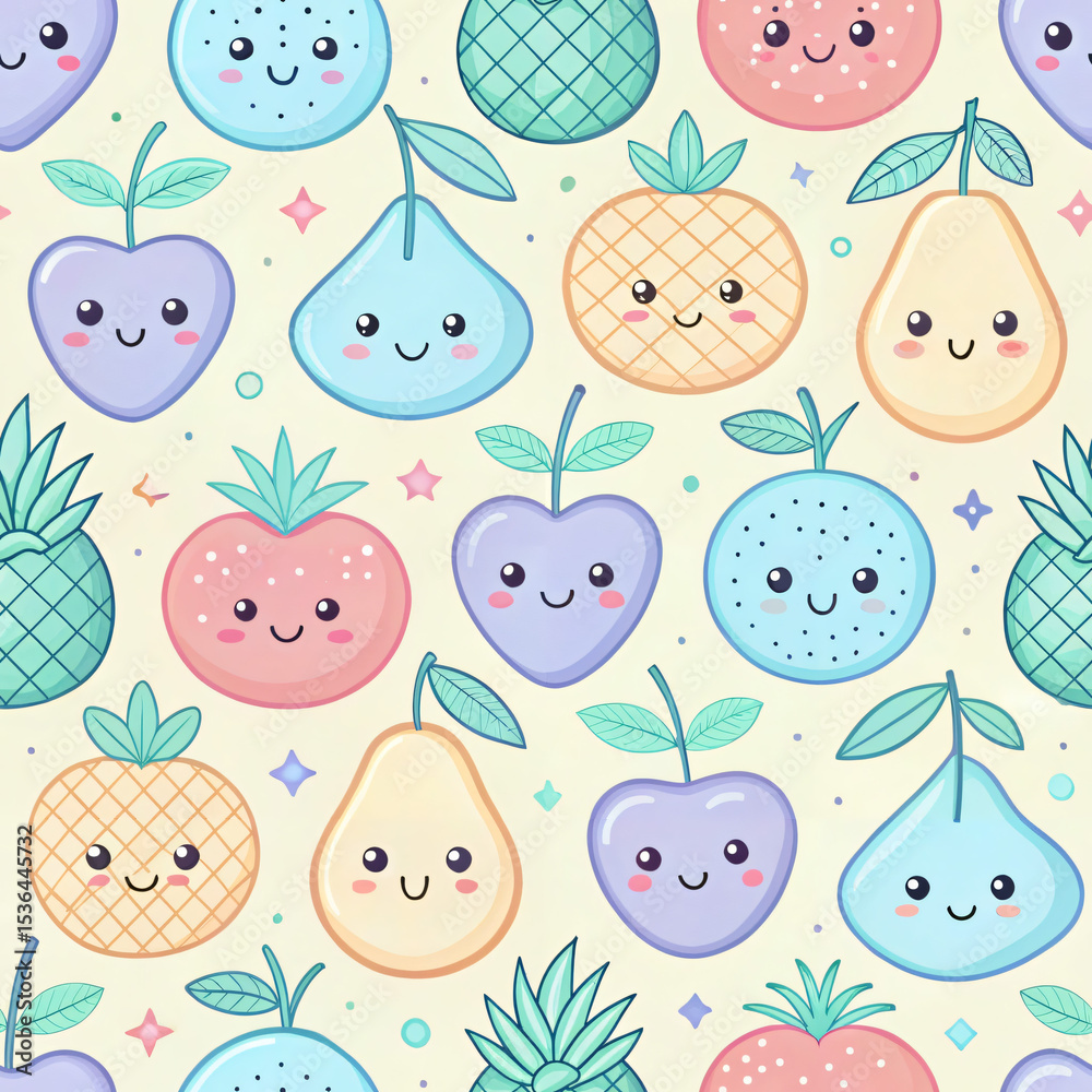 Fototapeta premium Cute Cartoon Fruits Pattern with Happy Faces and Soft Colors for Kids Designs