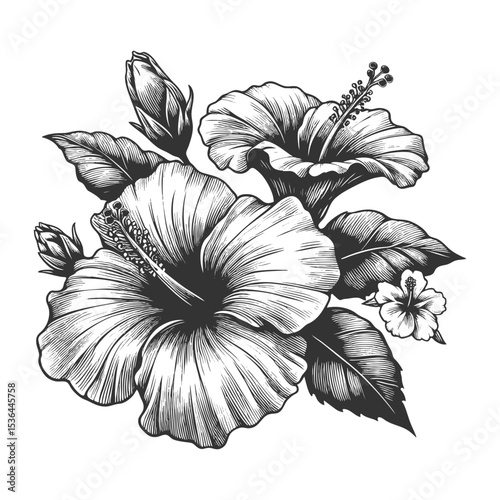 hibiscus flowers and leaves sketch engraving generative ai fictional character vector illustration. Scratch board imitation. Black and white image.