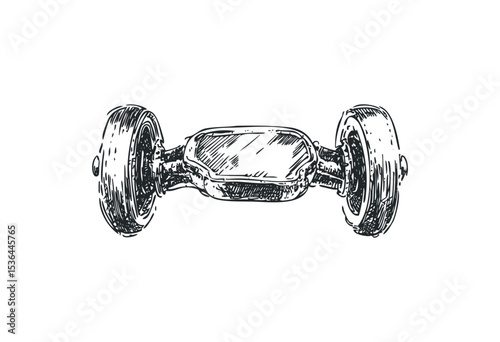 Hand-drawn hoverboard sketch with detailed wheels. Vector retro hand drawn illustration