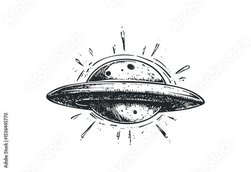 Hand-drawn illustration of a ufo spaceship in monochrome ink style. Vector retro hand drawn illustration