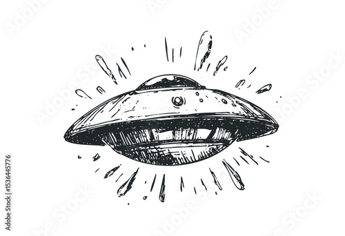 Hand-drawn vintage ufo sketch with explosive details. Vector retro hand drawn illustration