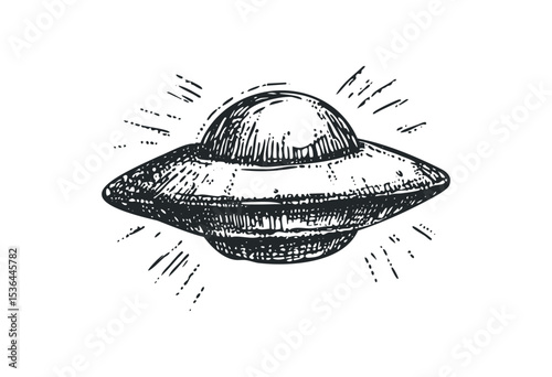 Monochrome sketch of a classic ufo spacecraft. Vector retro hand drawn illustration