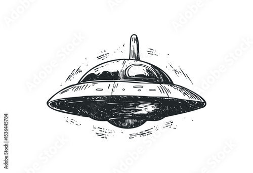 Retro flying saucer sketch with detailed vintage design elements. Vector retro hand drawn illustration