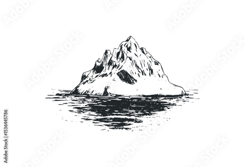 Sketch of an arctic iceberg floating in calm ocean waters. Vector retro hand drawn illustration