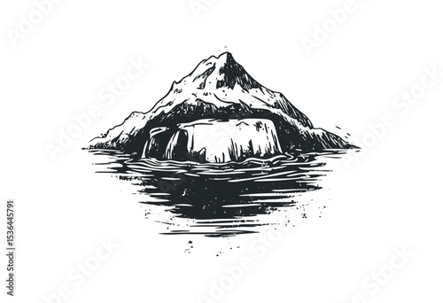 Scenic monochrome mountain and reflection in water artistic sketch. Vector retro hand drawn illustration