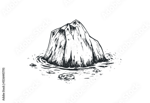 Monochrome mountain sketch with surrounding rocks and water. Vector retro hand drawn illustration