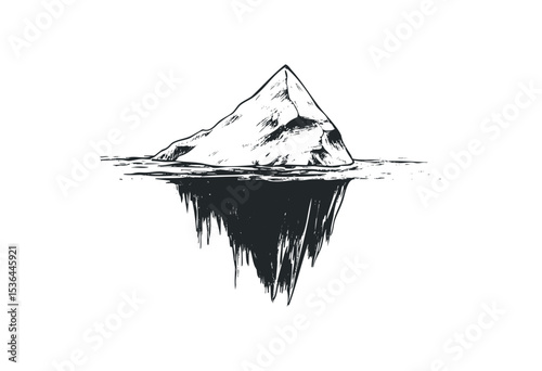 Monochrome iceberg illustration with detailed reflection. Vector retro hand drawn illustration