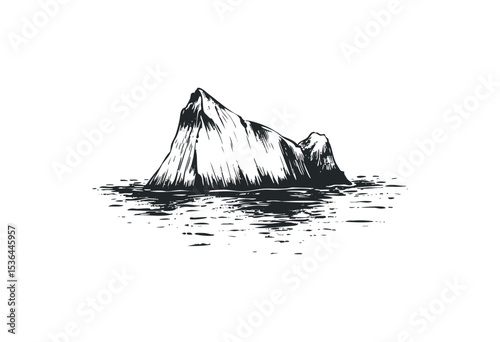 Detailed iceberg drawing floating in the ocean. Vector retro hand drawn illustration