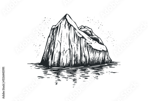 Detailed engraving of an iceberg with ocean reflection. Vector retro hand drawn illustration