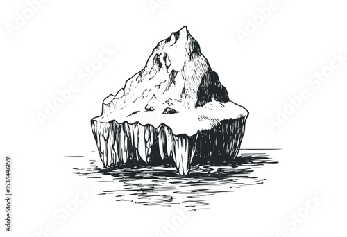 Hand-drawn iceberg floating in ocean with detailed shading and lines. Vector retro hand drawn illustration