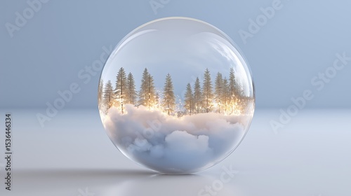 A dreamy glass snow globe captures a pine forest glowing with warm lights, blending nostalgia, fantasy and winter serenity