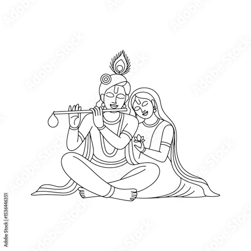 Krishna Radha  Indian Romantic Couple Divine Love, Indian Art, Flute Music Devotion, Spiritual, Unity, Single Line Draw 