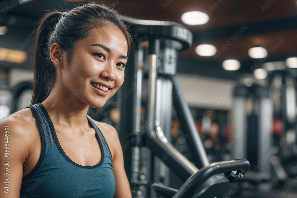 Obraz premium Asian woman is smiling while exercising on a machine. Concept of happiness and positivity, as the woman is enjoying her workout