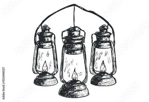 Vintage lantern trio sketch with detailed hand-drawn design. Vector retro hand drawn illustration