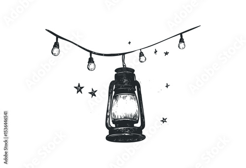 Vintage lantern hanging from string lights with stars in rustic design. Vector retro hand drawn illustration