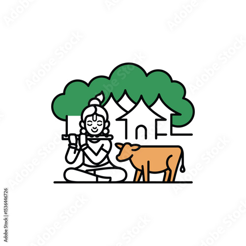 Illustration of sree krishna Playing Flute with Cow and Tree in Background