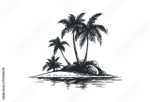 Scenic palm trees on a small island with calm water reflections. Vector retro hand drawn illustration