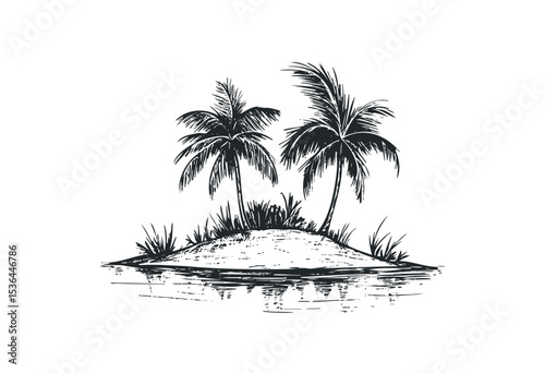 Tropical island with palm trees illustration of a scenic paradise. Vector retro hand drawn illustration