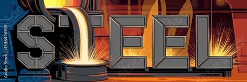 Heavy-duty "Steel" text made of molten metal with sparks and industrial furnace – Great for industrial promotions, steel production themes, or manufacturing campaigns.