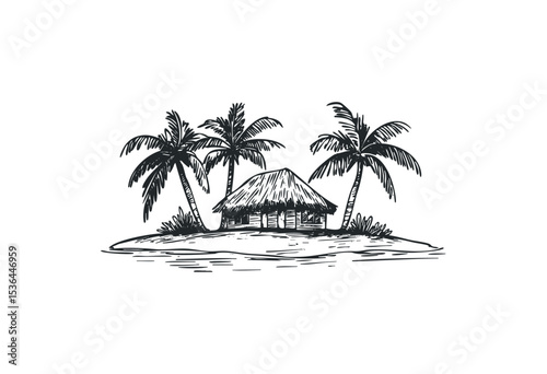 Tropical island hut with palm trees and bamboo roof in hand-drawn style. Vector retro hand drawn illustration