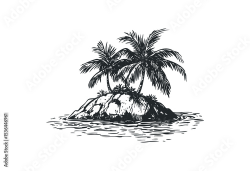 Tropical island with palm trees and rocks in hand-drawn style. Vector retro hand drawn illustration