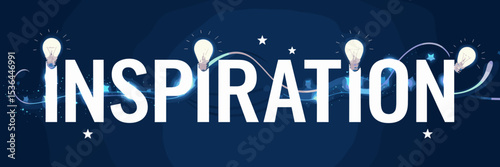 Inspiration word art with glowing light bulbs and stars – Suitable for creativity workshops, motivational posters, or branding for thinkers