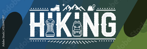 Vector design of the word “Hiking” with boots, backpacks, and mountain icons – Perfect for outdoor adventure branding, trail guide graphics, or hiking club content