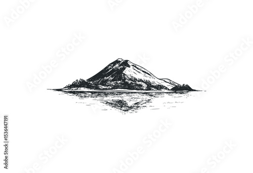 Detailed sketch of a mountain landscape with serene reflection. Vector retro hand drawn illustration